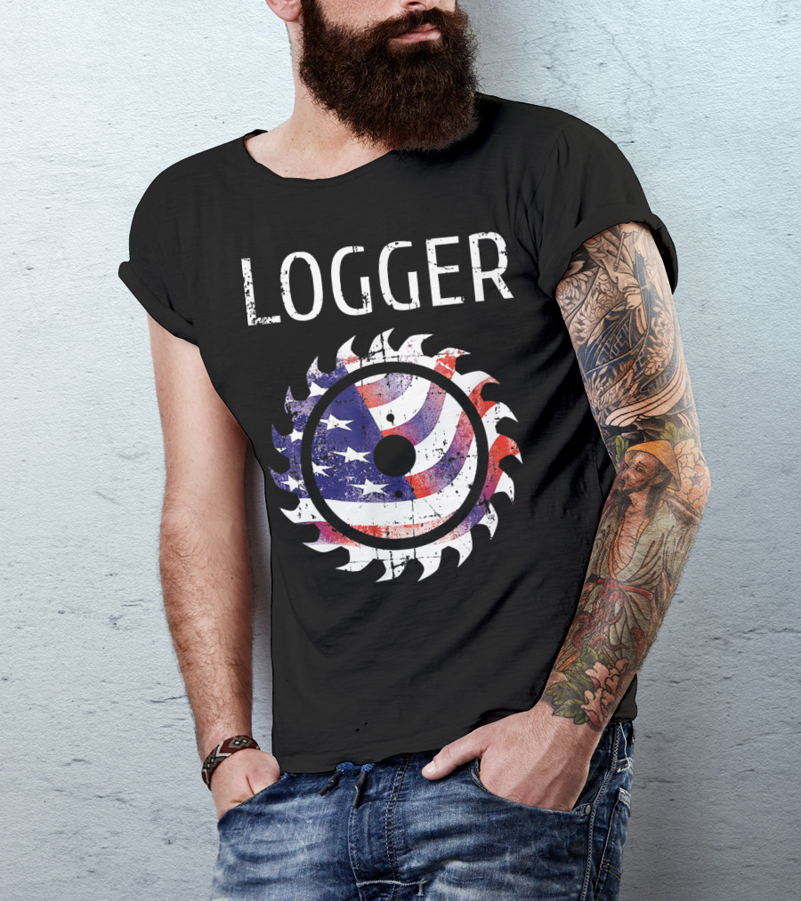 Logger Logging Lumberjack Patriotic American Flag Saw Blade T-Shirt