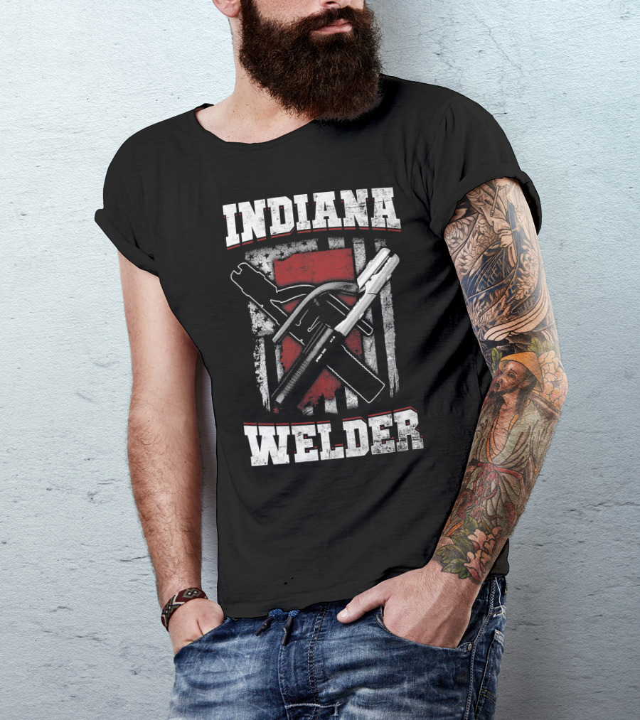 Indiana Welder Crossed Tools On Flag Background T-Shirt
