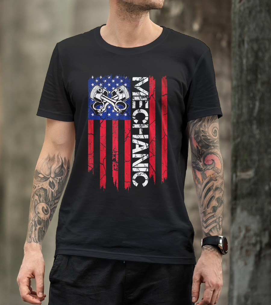 Mechanic American Flag Piston Crossed Stars Stripes T-Shirt