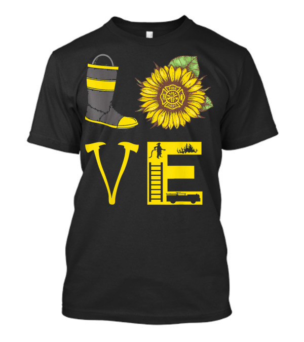 LOVE Firefighter Sunflower Rescue Gear Emblem Firetruck Hero T-Shirt