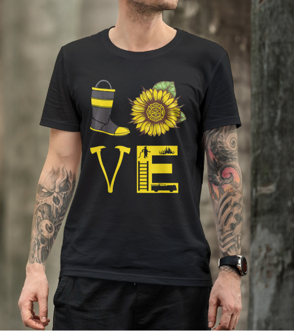 LOVE Firefighter Sunflower Rescue Gear Emblem Firetruck Hero T-Shirt