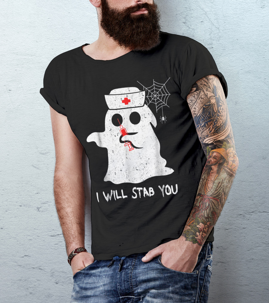 I Will Stab You Ghost Nurse Halloween Co Spiderweb Syringe T-Shirt