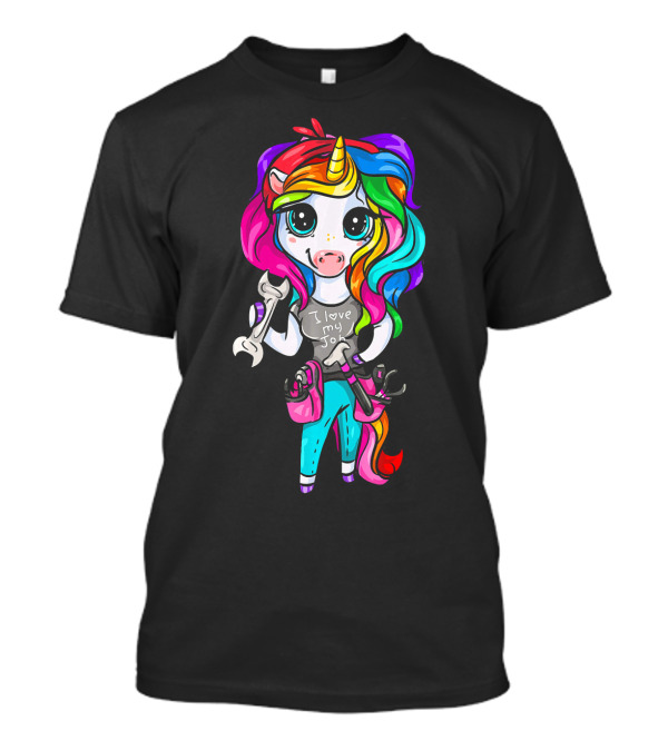 I Love My Job Rainbow Unicorn Holding Wrenches Car Repair Girl T-Shirt