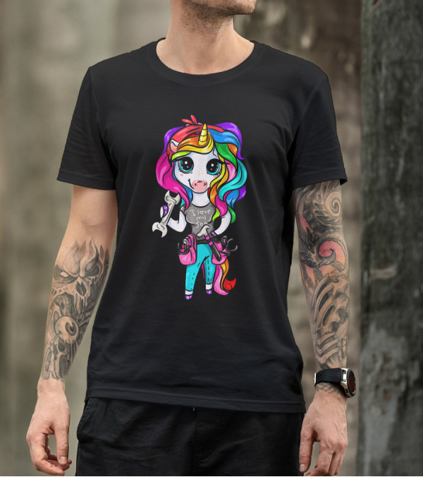 I Love My Job Rainbow Unicorn Holding Wrenches Car Repair Girl T-Shirt