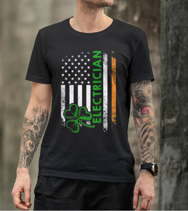 Irish Electrician American Flag Shamrock Electrician T-Shirt