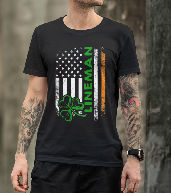Irish Lineman American Flag Shamrock T-Shirt