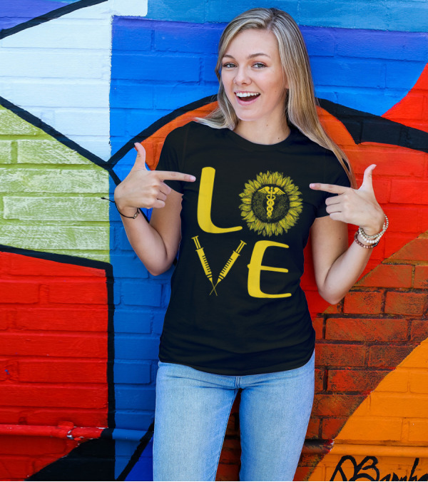 LOVE Nursing Nurse Caduceus Sunflower Syringe T-Shirt
