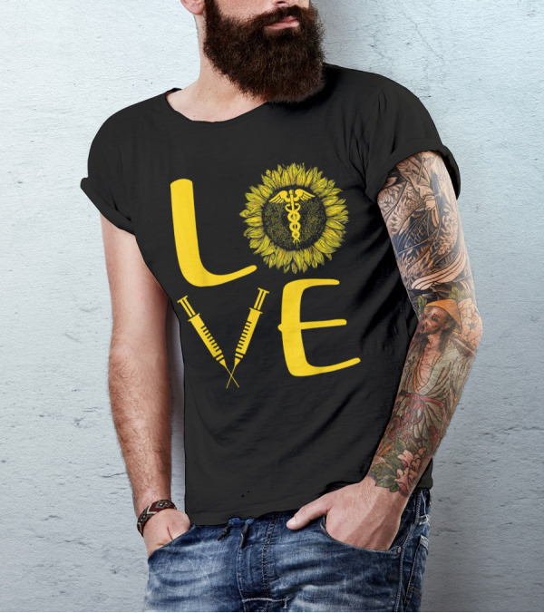 LOVE Nursing Nurse Caduceus Sunflower Syringe T-Shirt