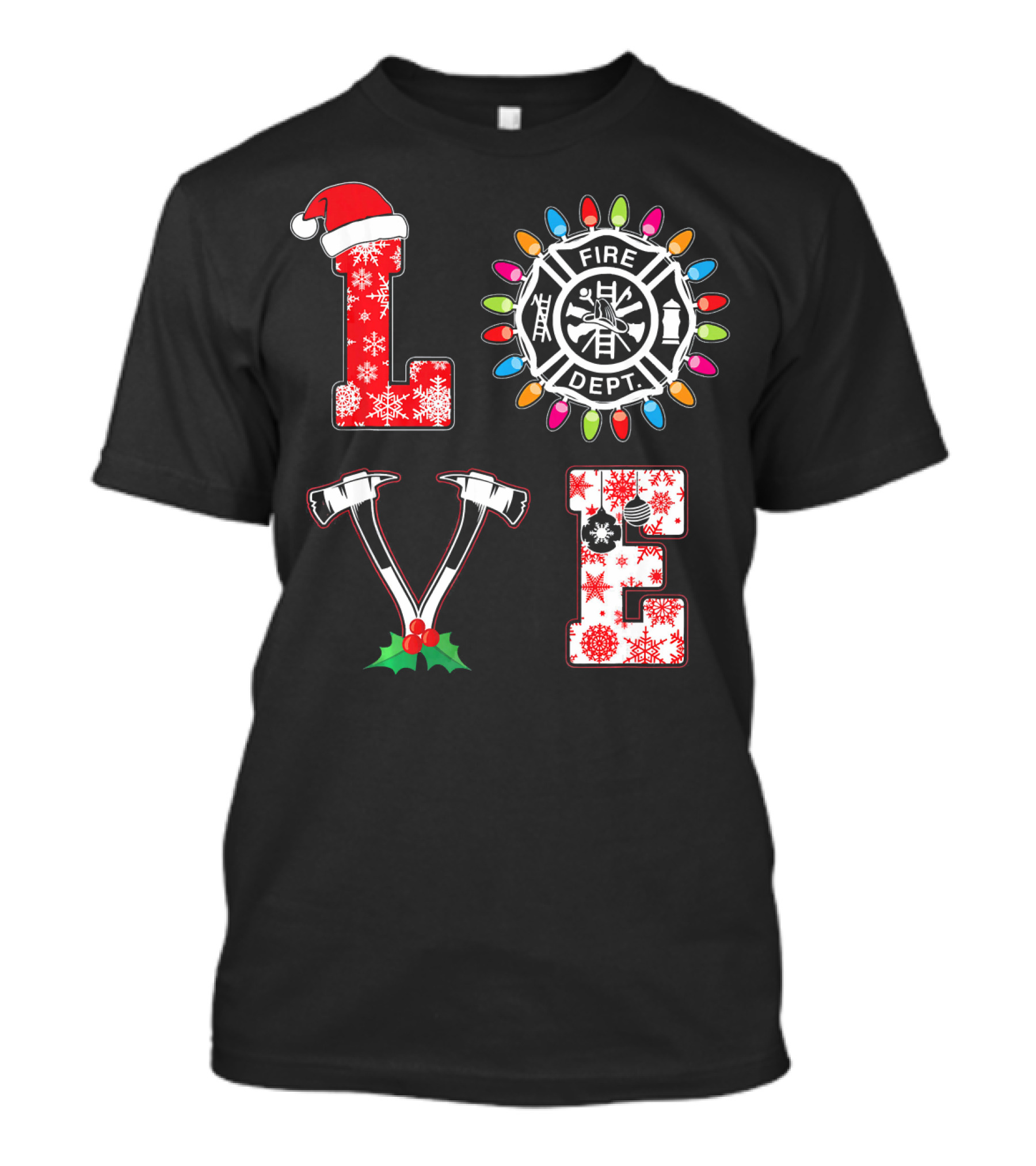 LOVE Fire Dept Christmas Lights Santa Hat Snowflakes Axes T-Shirt