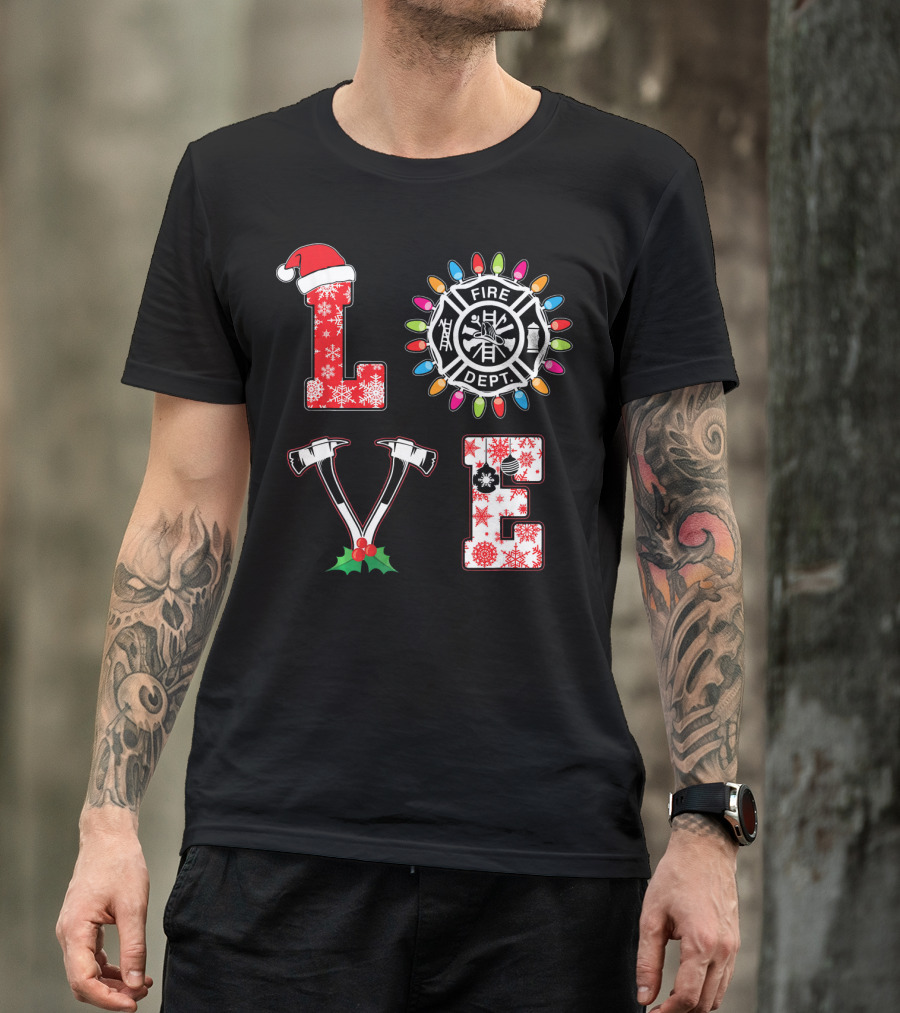 LOVE Fire Dept Christmas Lights Santa Hat Snowflakes Axes T-Shirt