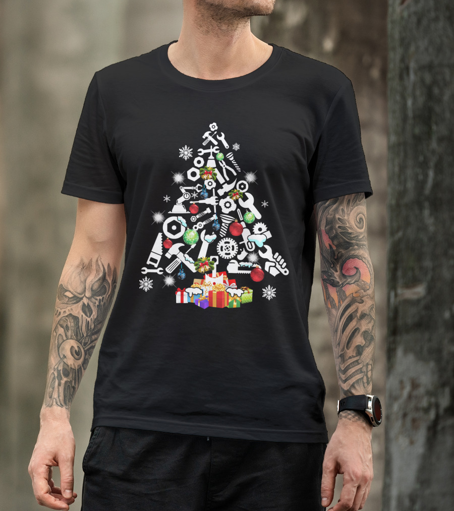 Mechanic Christmas Tree With Tools And Holiday Decorations T-Shirt