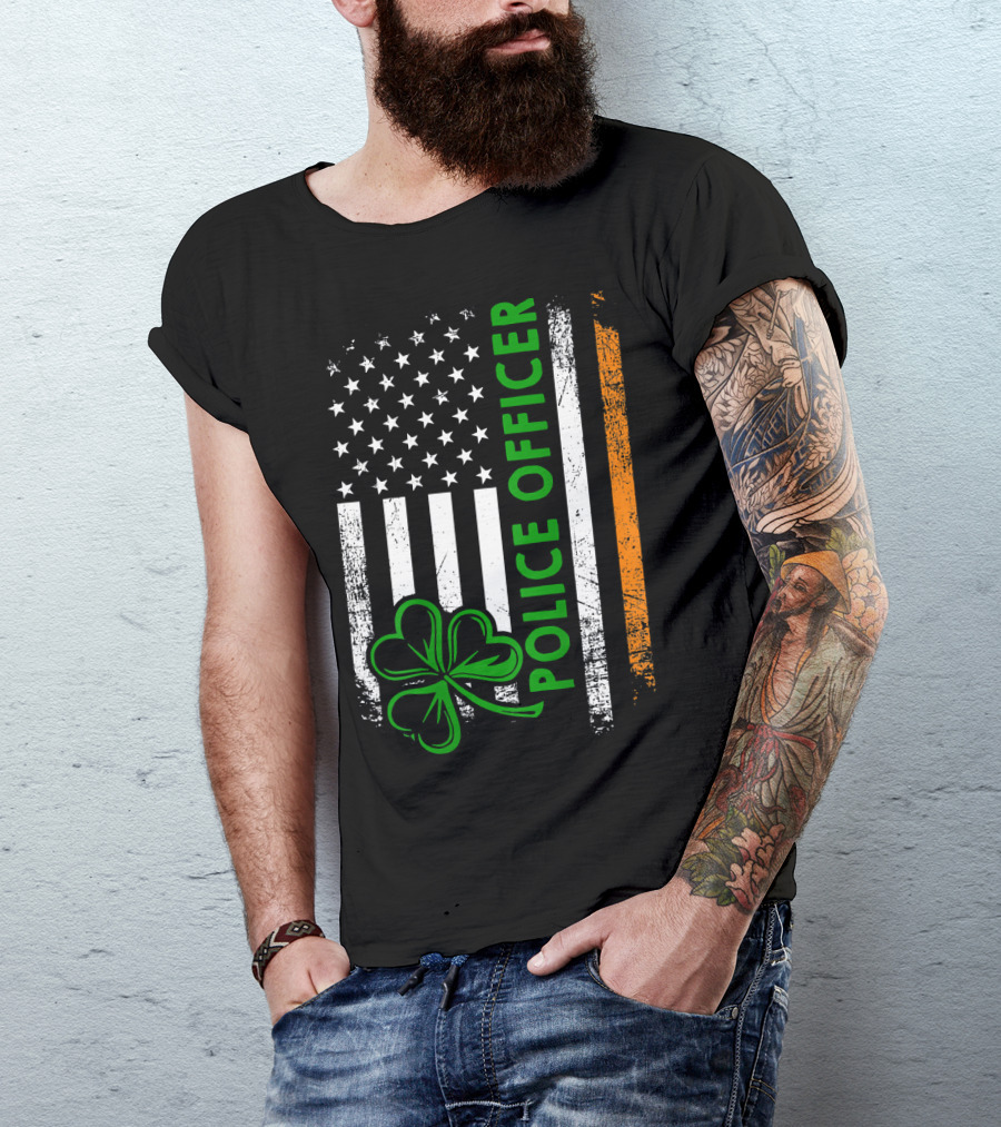 Irish Police Officer Shamrock American Flag Vertical Stars Stripes T-Shirt