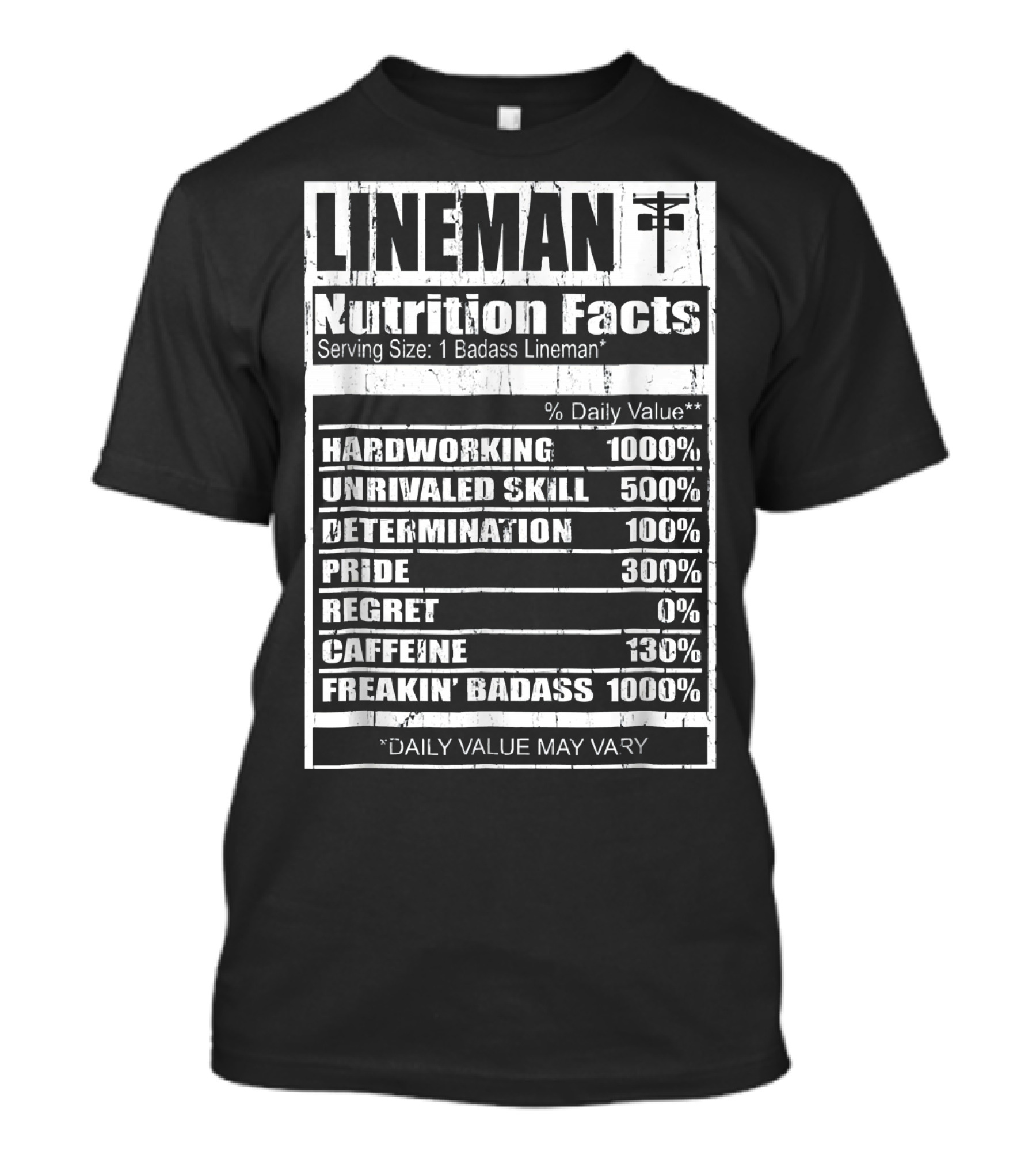 Lineman Nutrition Facts Hardworking Unrivaled Skill Determination Pride Caffeine Freakin' Badass T-Shirt