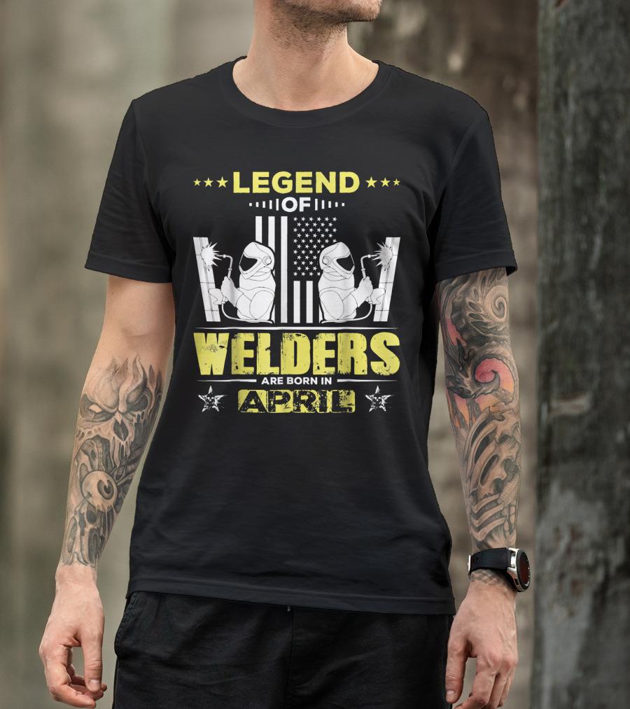 Legend Of Welders Born In April With American Flag And Welding Torch Stars T-Shirt
