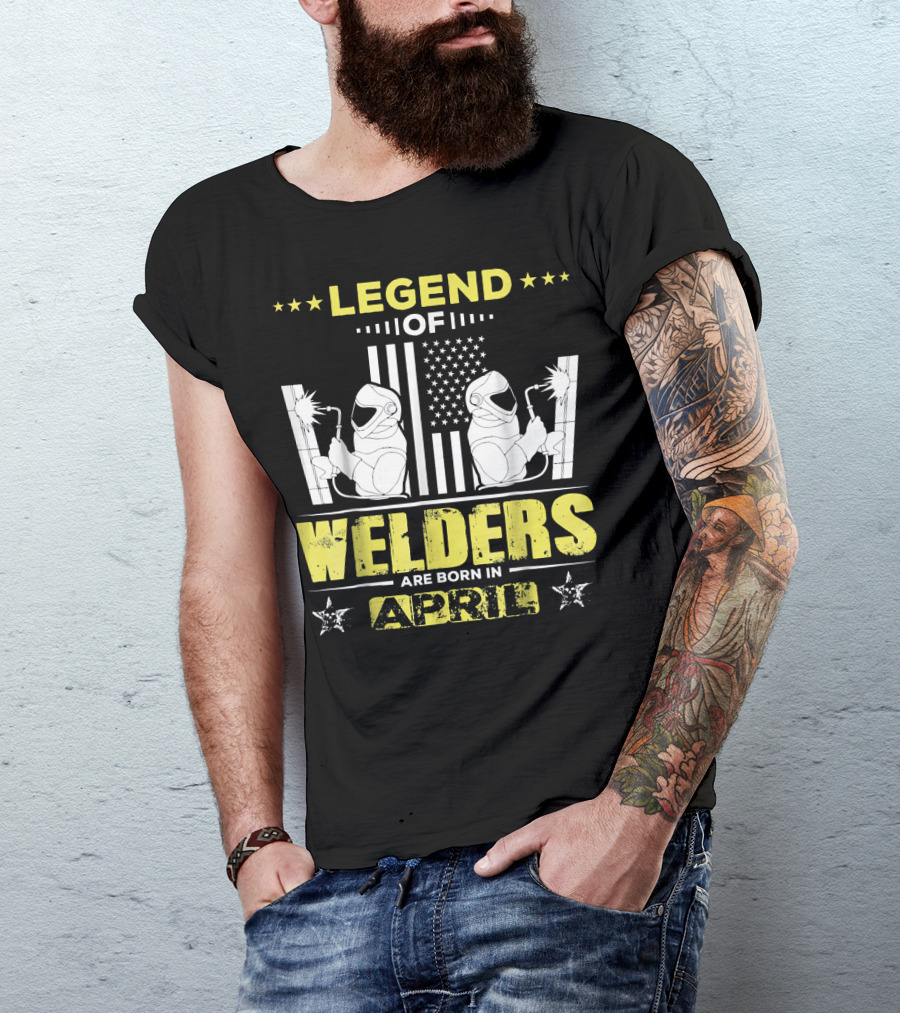 Legend Of Welders Born In April With American Flag And Welding Torch Stars T-Shirt