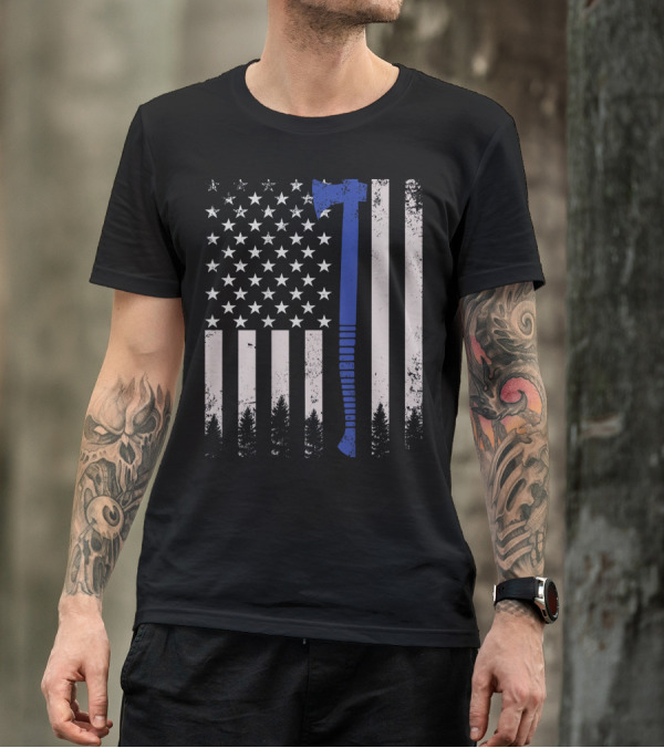 US Flag Axe Lumberjack Logger Woodworker 4th July T-Shirt