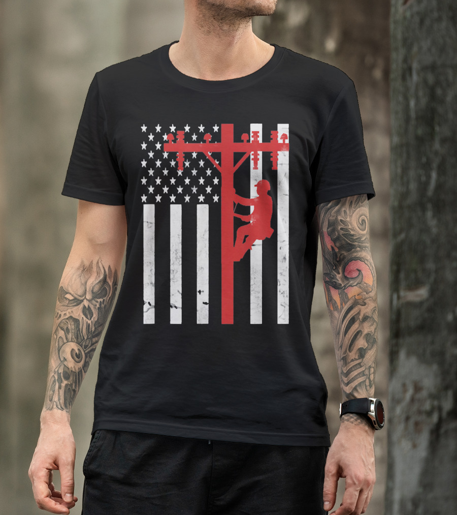 American Flag Lineman Climbing Utility Pole T-Shirt