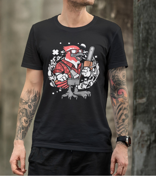 Lumberjack Bird With Chainsaw And Red Plaid T-Shirt