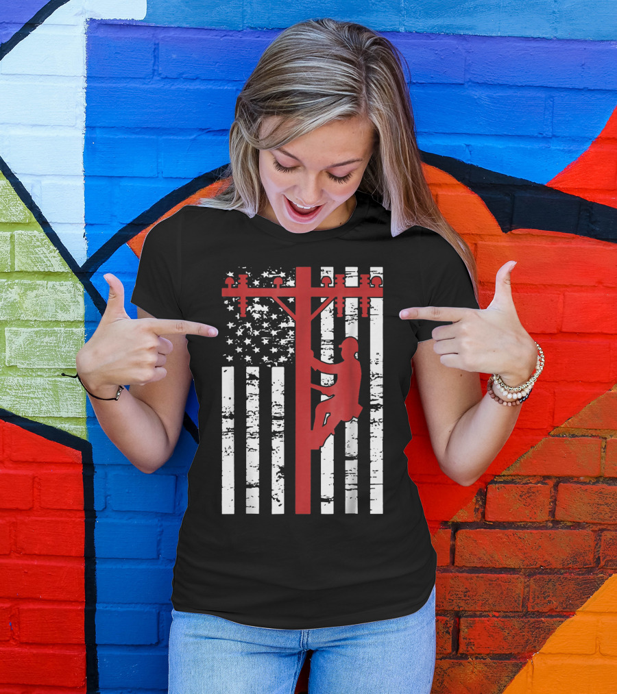 Lineman Climbing Power Pole American Flag T-Shirt