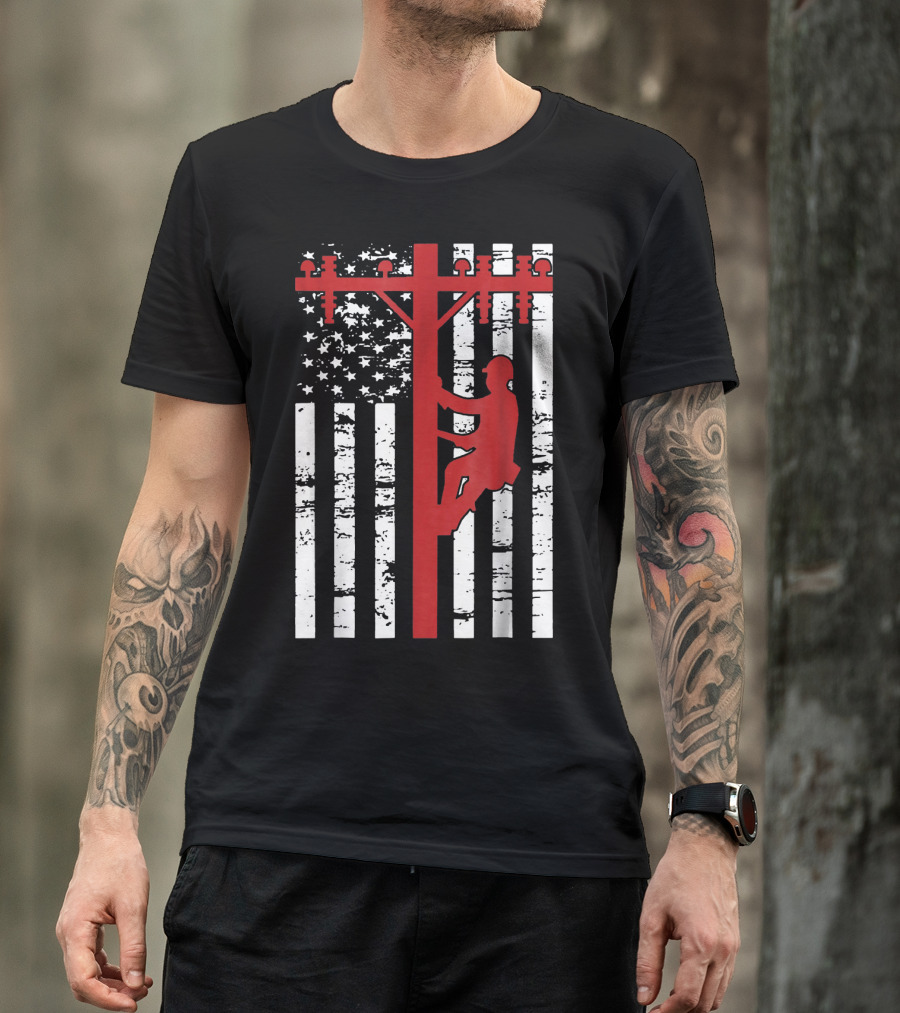 Lineman Climbing Power Pole American Flag T-Shirt