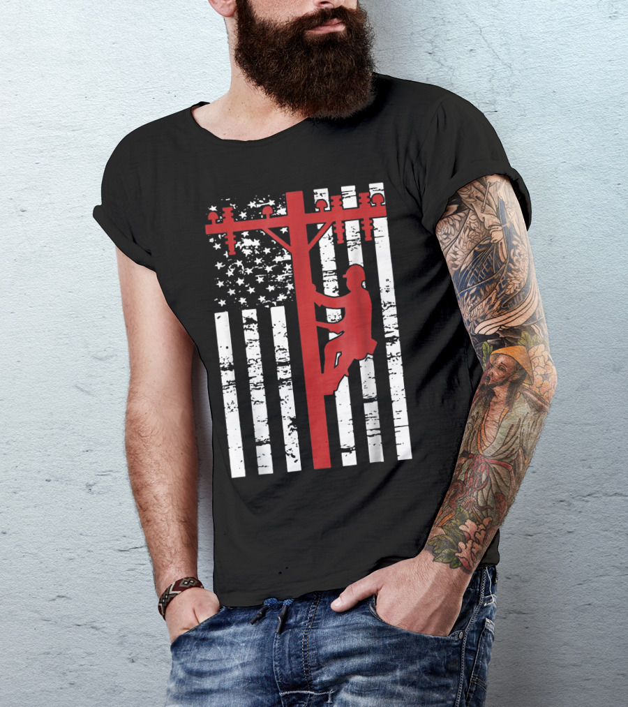 Lineman Climbing Power Pole American Flag T-Shirt