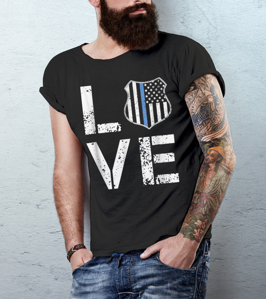 LOVE Police Thin Blue Line Flag Shield T-Shirt