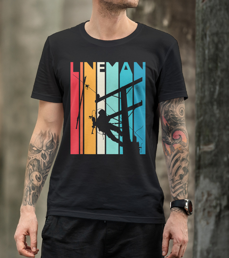 Lineman Vintage Retro Lineman Silhouette On Power Line With Colorful Stripes T-Shirt