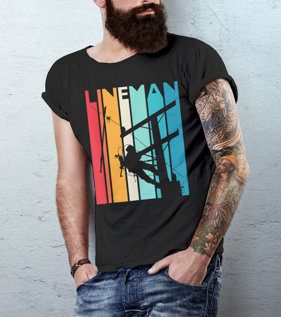Lineman Vintage Retro Lineman Silhouette On Power Line With Colorful Stripes T-Shirt
