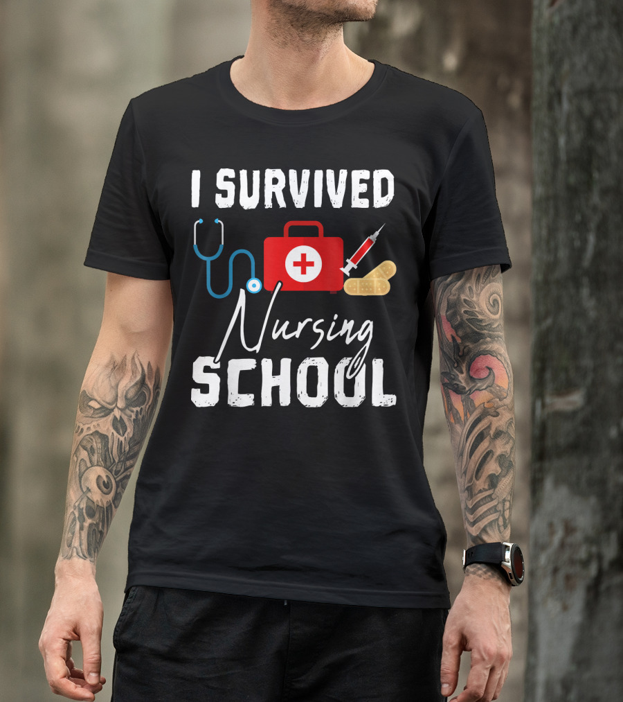I Survived Nursing School Stethoscope Syringe Bandages Red First Aid Kit T-Shirt