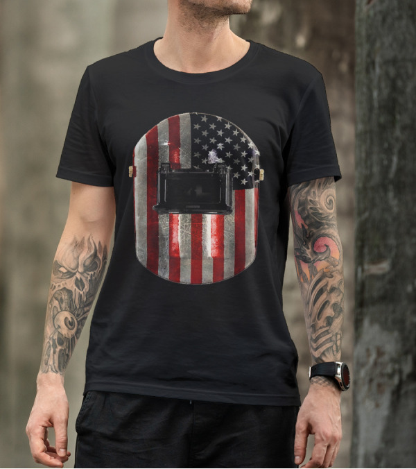 Mens American Flag Welding Hood Displaying Patriotic T-Shirt