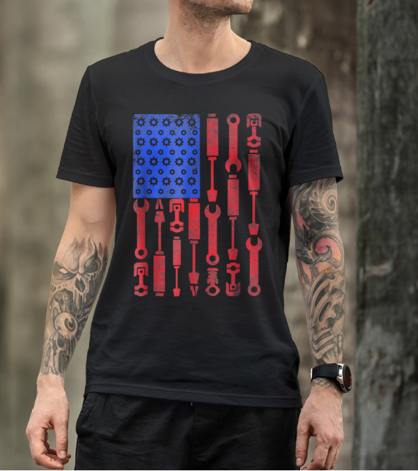 Mechanic Tools In Red And Blue USA Flag T-Shirt