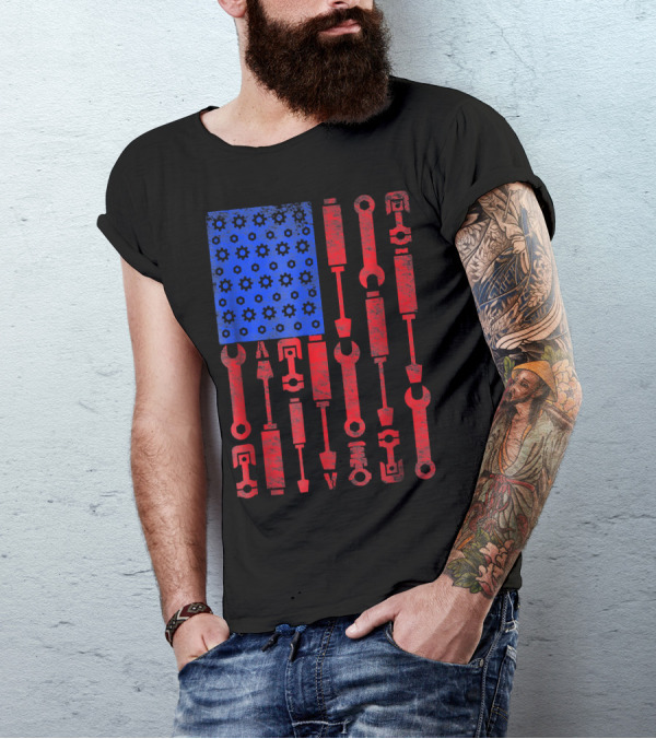 Mechanic Tools In Red And Blue USA Flag T-Shirt