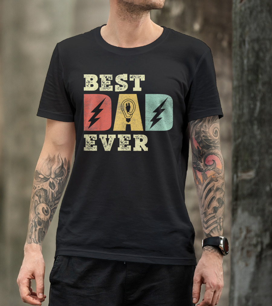 Best Dad Ever Electrician Lightning Light Bulb Retro T-Shirt