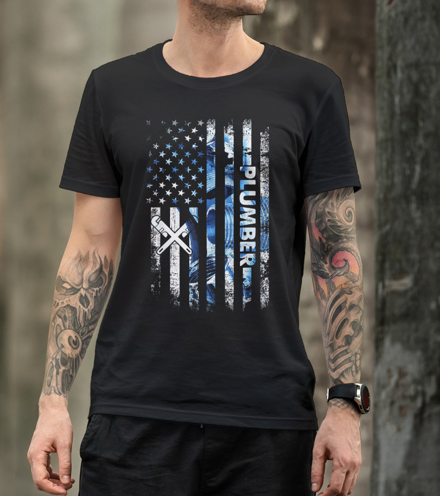 Mens American Flag Proud Patriotic Plumber Stars And Stripes Wrench T-Shirt