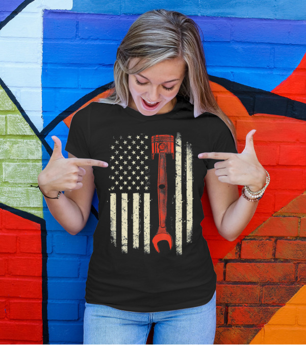 American Flag Piston Wrench Mechanic T-Shirt