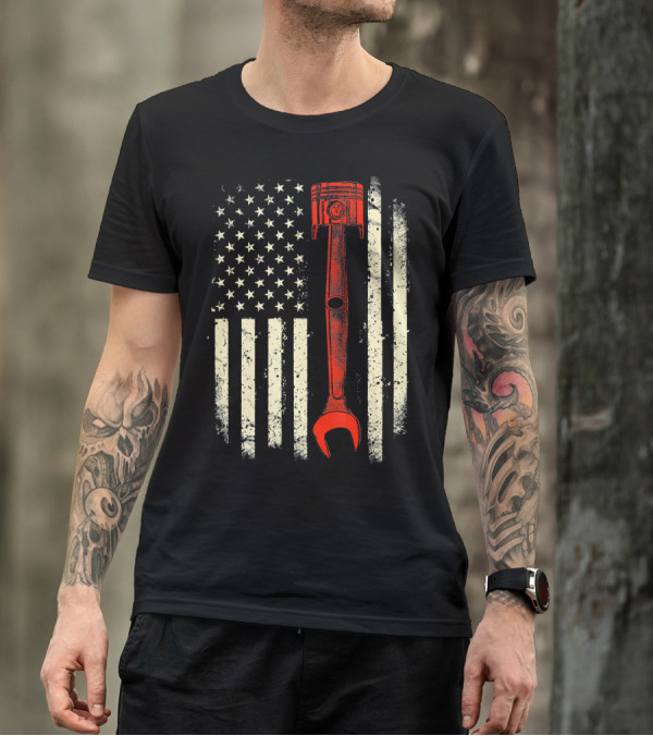 American Flag Piston Wrench Mechanic T-Shirt