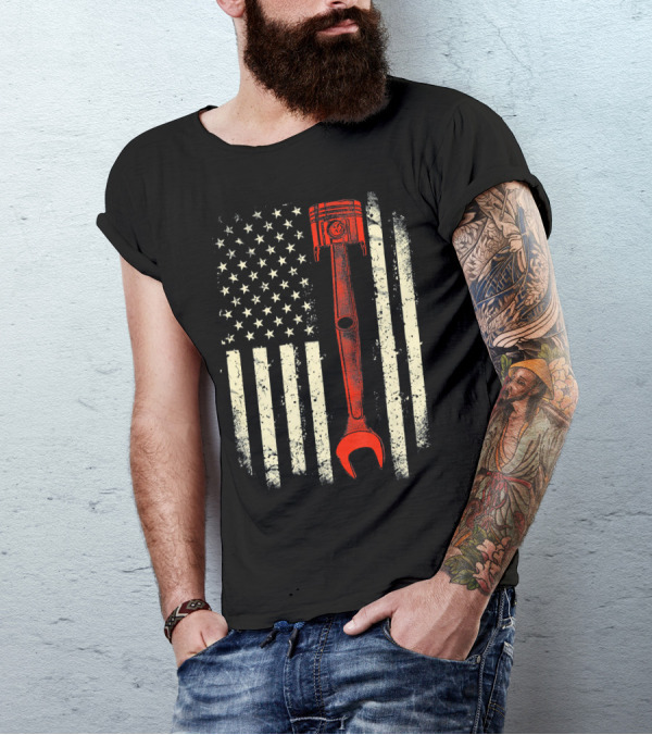 American Flag Piston Wrench Mechanic T-Shirt