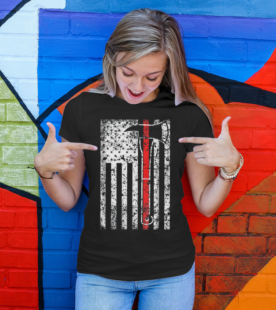 Mens Firefighter Thin Red Line USA American Flag Axe T-Shirt