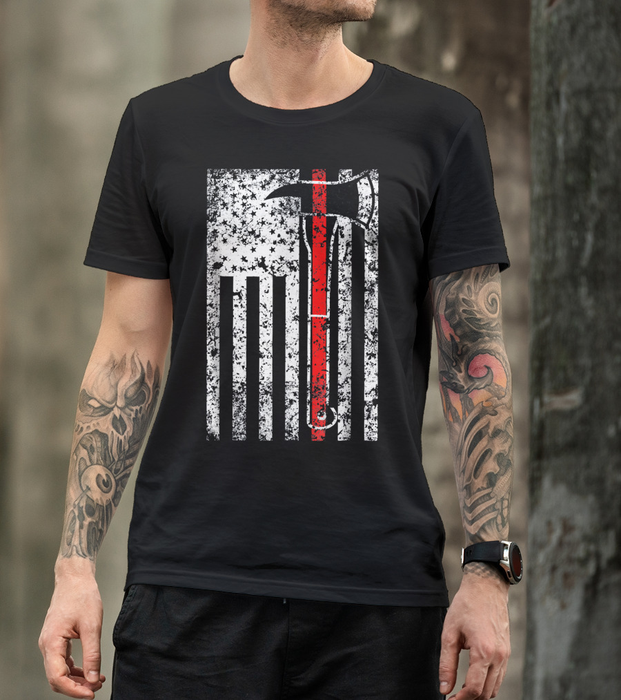 Mens Firefighter Thin Red Line USA American Flag Axe T-Shirt