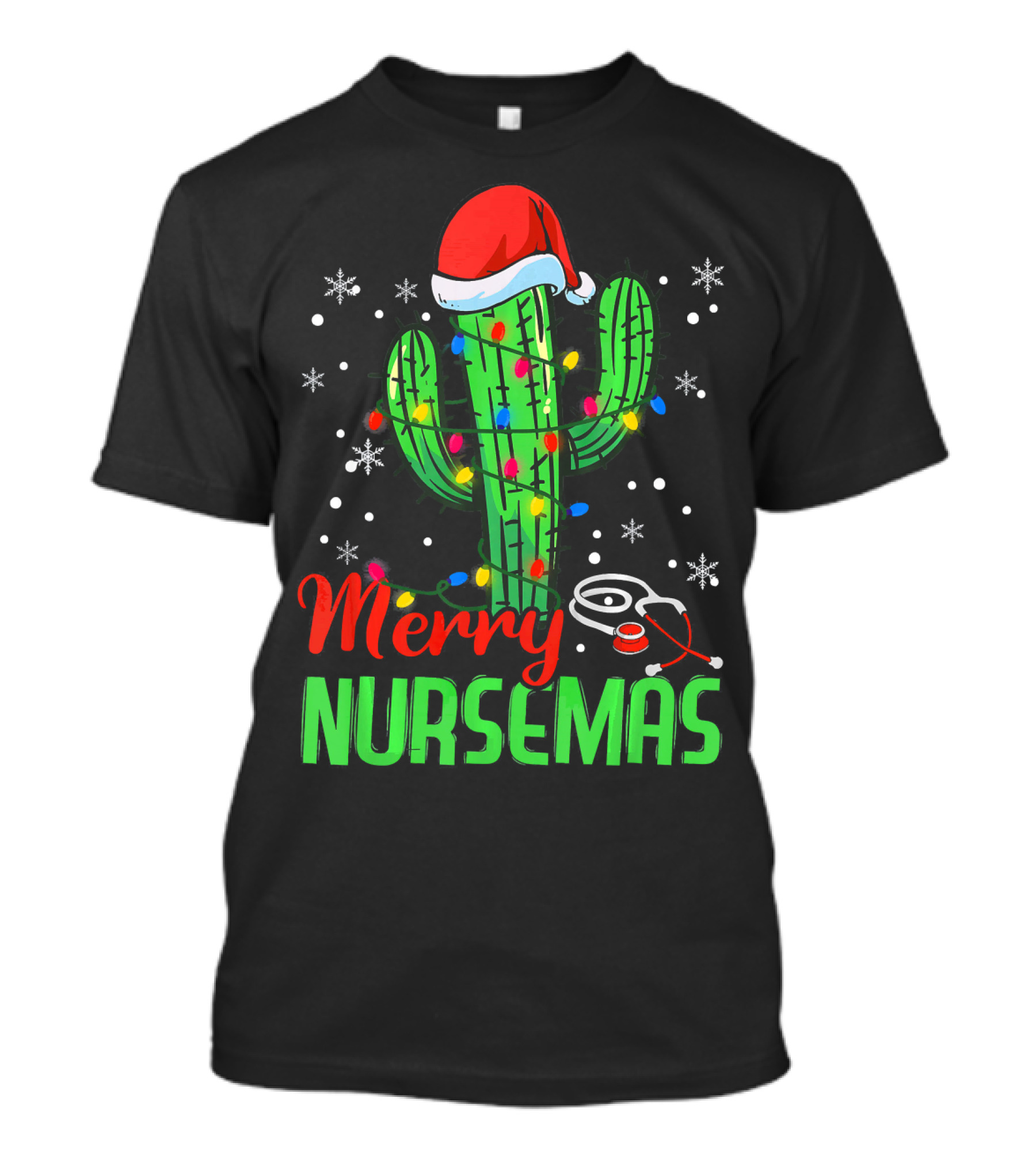 Merry Nursemas Cactus Stethoscope Holiday Lights Santa Hat T-Shirt