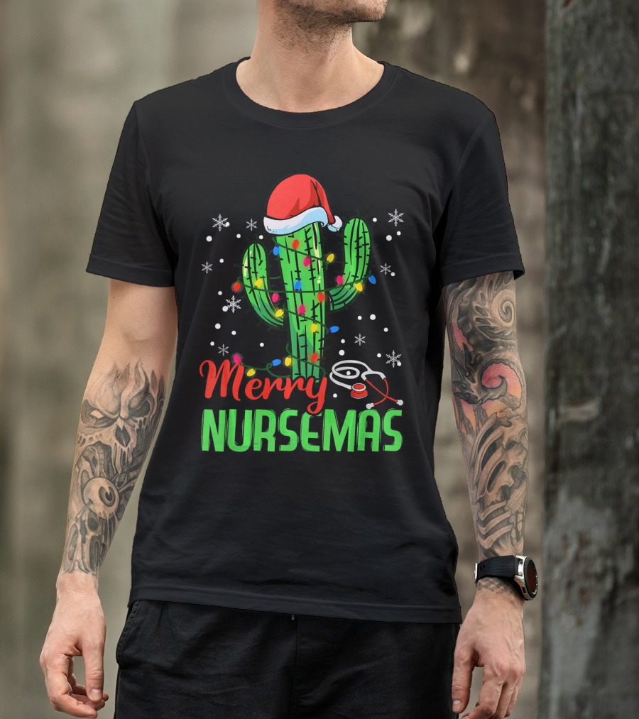 Merry Nursemas Cactus Stethoscope Holiday Lights Santa Hat T-Shirt