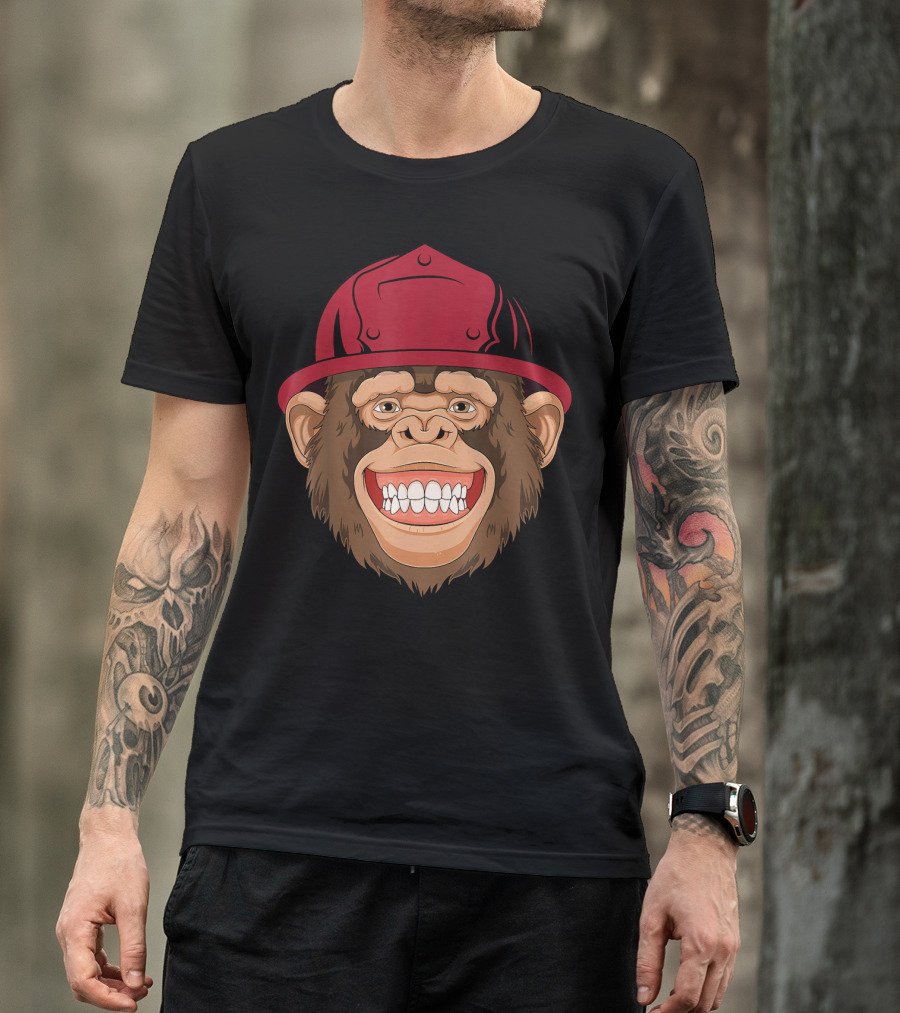 Monkey Firefighter With Red Helmet Grinning Face T-Shirt