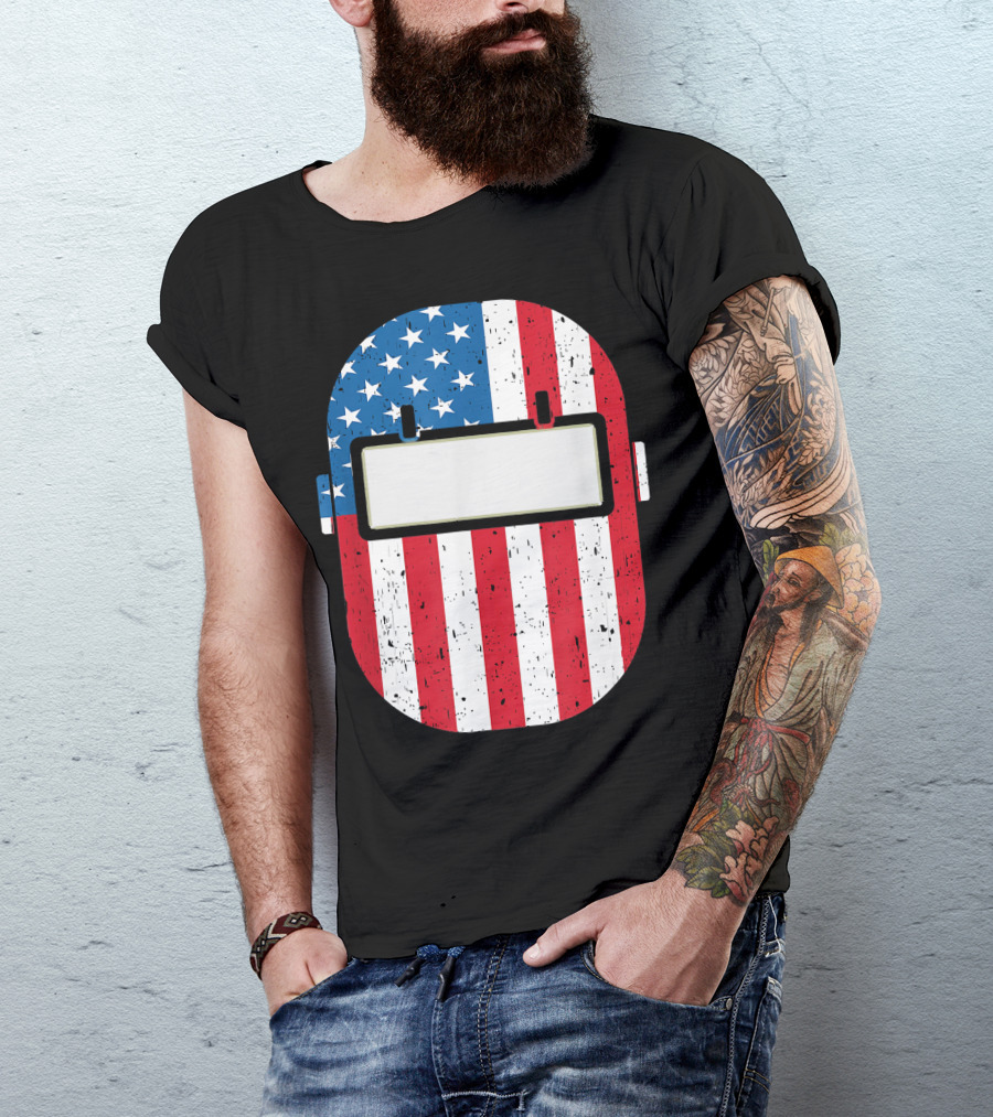 Mens American Flag Welding Helmet Welder Dad T-Shirt