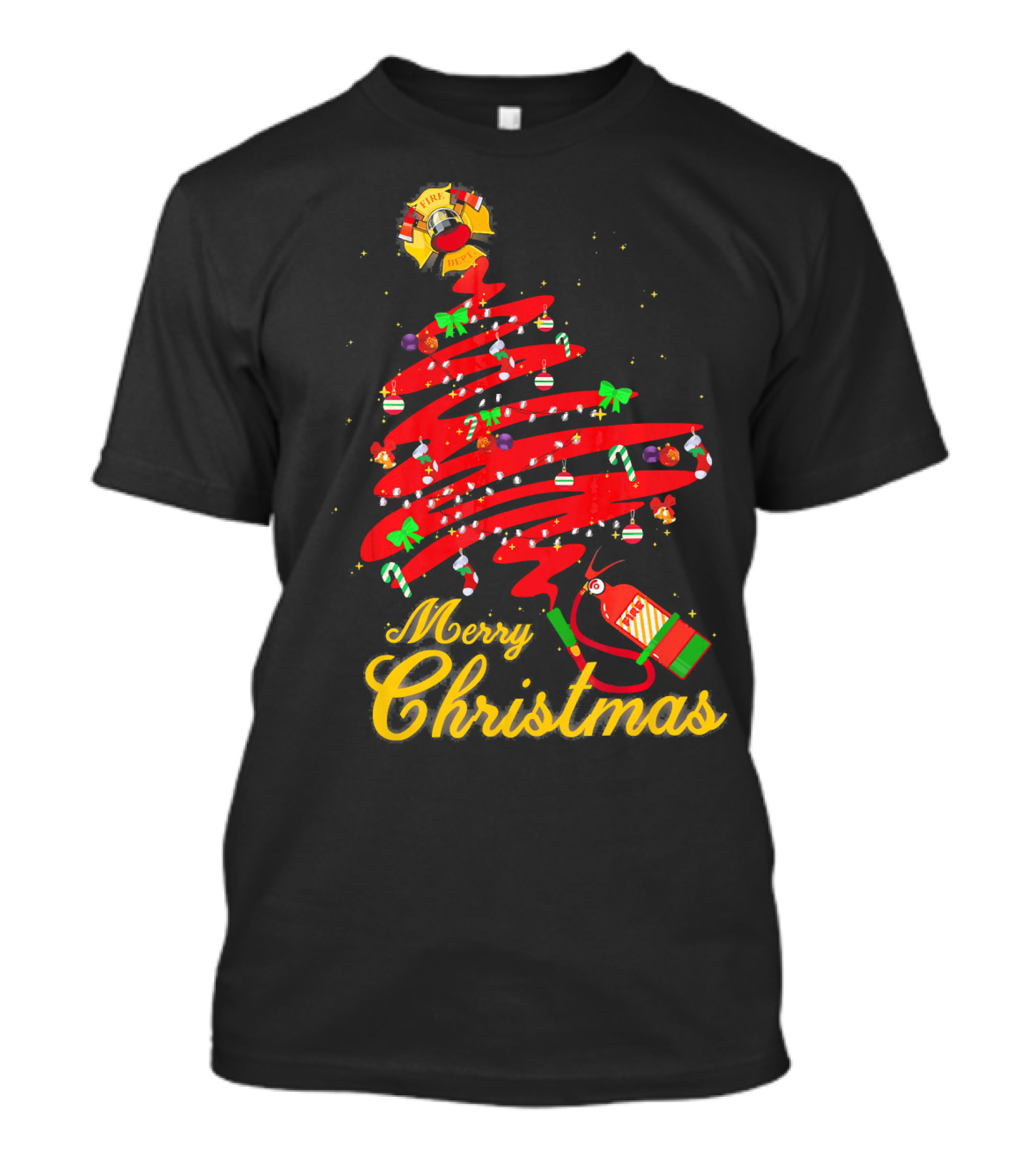 Merry Christmas Fire Rescue Noel Tree With Firefighter Helmet And Extinguisher Decor T-Shirt