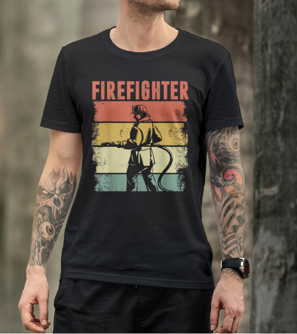 Vintage Firefighter Silhouette Retro Stripes T-Shirt
