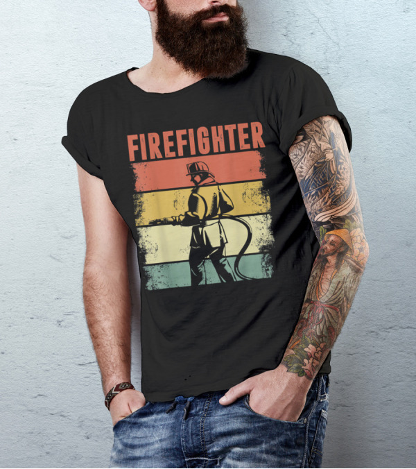 Vintage Firefighter Silhouette Retro Stripes T-Shirt