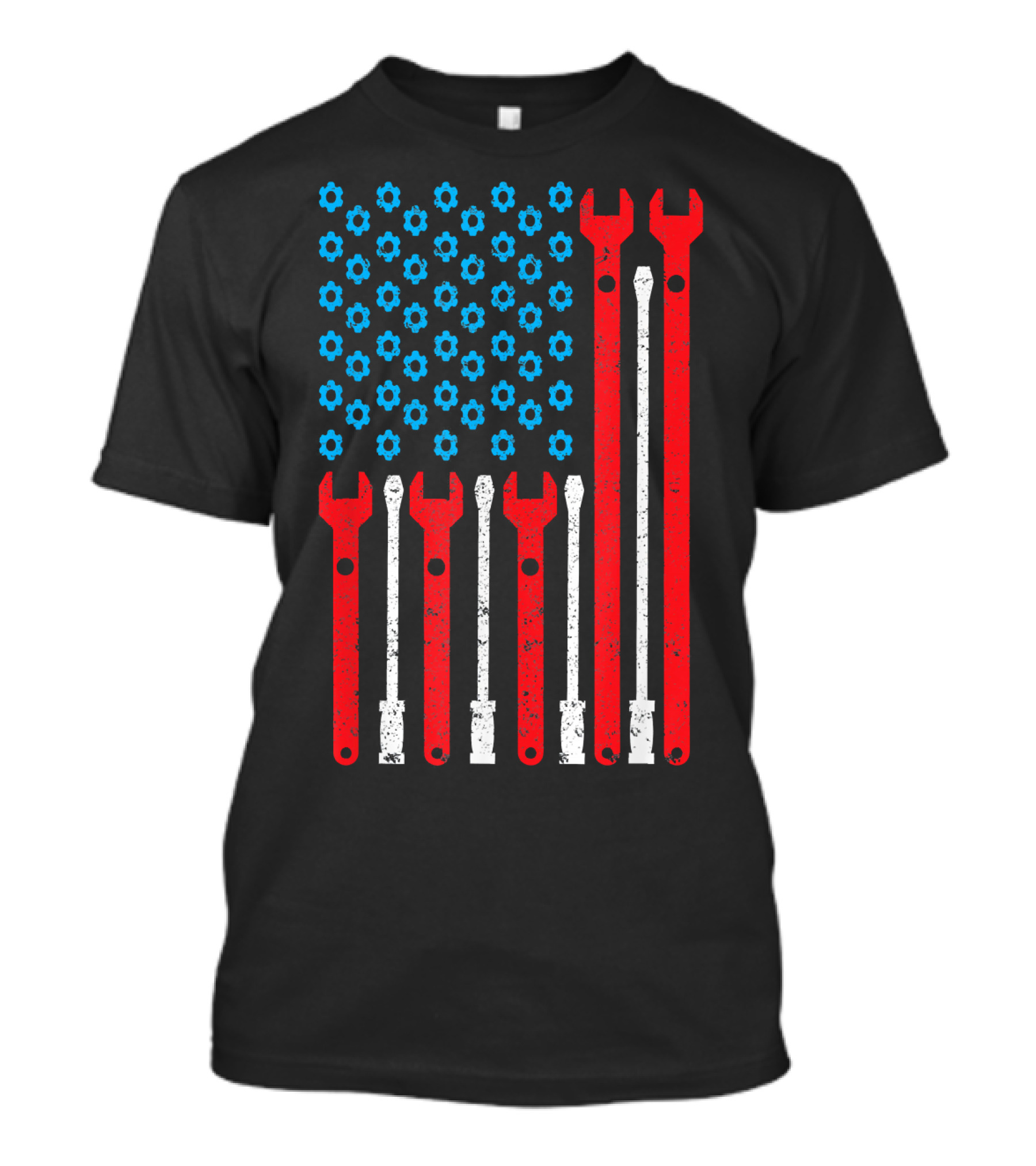 USA Flag Made Of Red And White Mechanic Tools With Blue Gear Stars T-Shirt