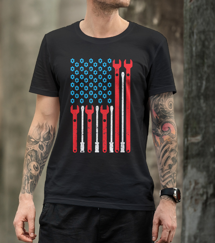 USA Flag Made Of Red And White Mechanic Tools With Blue Gear Stars T-Shirt