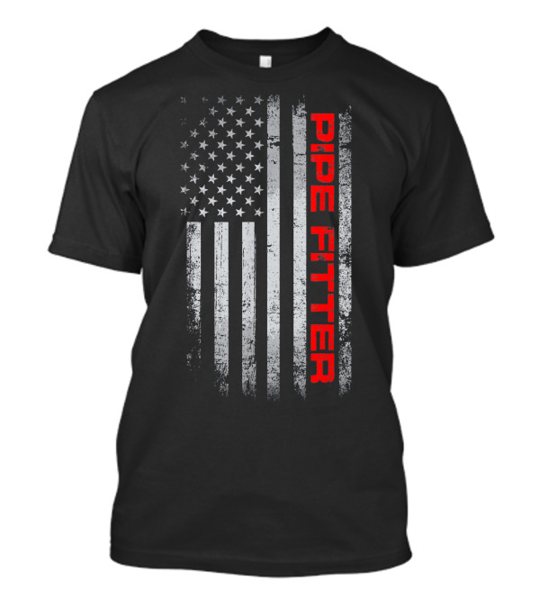 Mens Patriotic American Flag Pipe Fitter Text In Red T-Shirt