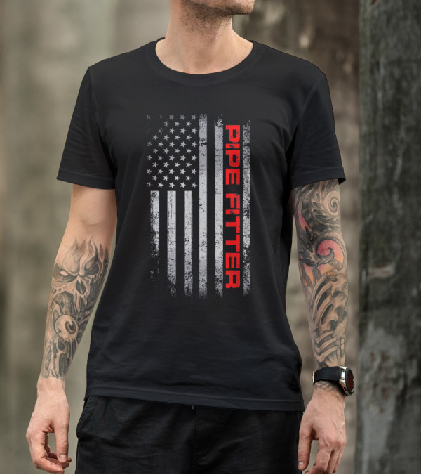 Mens Patriotic American Flag Pipe Fitter Text In Red T-Shirt